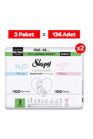 Sleepy Natural Double Soft Avantajlı Mega Paket Bebek Bezi 3 Numara Midi 136 Adet