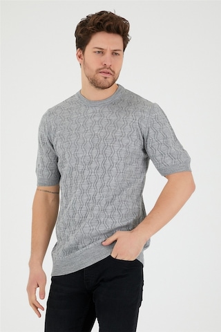 Tarz Cool Erkek Yuvarlak Yaka Desenli Örme T-shirt Gri