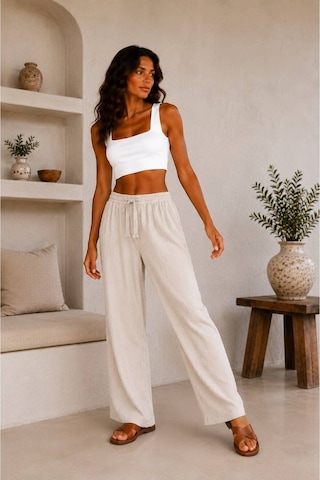 Hira Life Fashion Kadın Kumaşı Kabartma Detaylı Bol Paça Ve Önü Bağcıklı Salaş Burgu Şık Pantolon Bej Bej