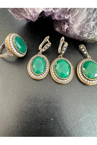 Otantik Yeşim Ve Zirkon Taşlı Gümüş Set Takım 925 Ayar