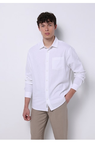 Colin's Colins Relaxed Fit Shirt Neck Düz Erkek Keten Karışımlı Beyaz Uzun Kol Gömlek Cl1074490 Q1.v2 Wht Beyaz