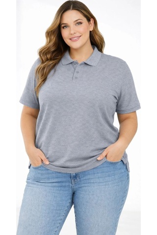 Wear Vexel Kadın Battal Beden Tişört Polo Yaka Pike Kumaş Kısa Kol T-shirt - Gri Gri