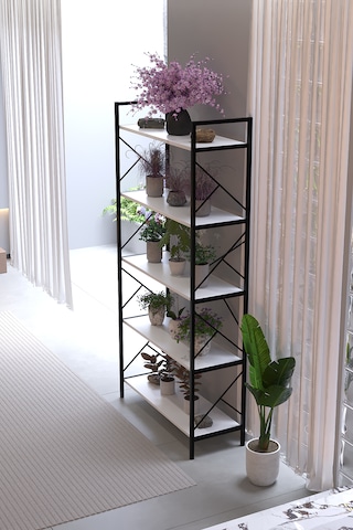 Manolya 5 Raflı Metal Çiçeklik 180x90 Cm Dekoratif Bitki Standı Çok Amaçlı Kitaplık Salon Balkon Ofis Raf Ünitesi Beyaz