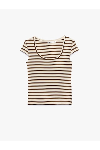 Koton Slim Fit U Yaka Kısa Kollu Çizgili Tişört Kahverengi Çizgili 6sak50460ek