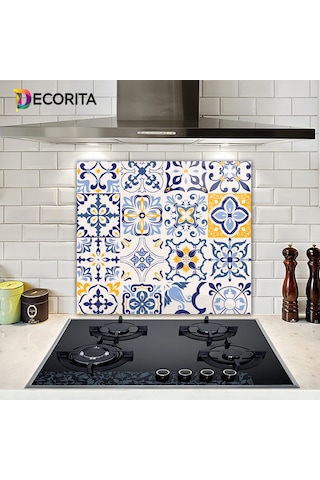 Decorita Mavi Çini Desen | Cam Ocak Arkası Koruyucu | 52cm x 60cm