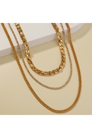 Chavin 3 Katmanlı Taşlı Gold Alloy Kadın Zincir Kolye En19 Altın
