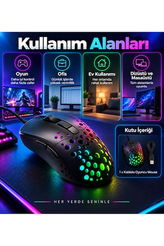 8000 Dpı Kablolu Oyuncu Mouse 6 Tuşlu Renkli Aydınlatmalı Usb Gaming Mouse Delikli 001