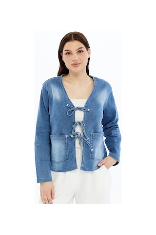 Selectmoda Kadın Denim V Yaka Önden Cepli Bağlama Detaylı Ceket/hırka Mavi