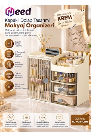 Need Kapaklı Dolap Tasarımlı 3 Çekmeceli Makyaj Organizeri Ve Takı Düzenleyici Krem Nd-9018-crm