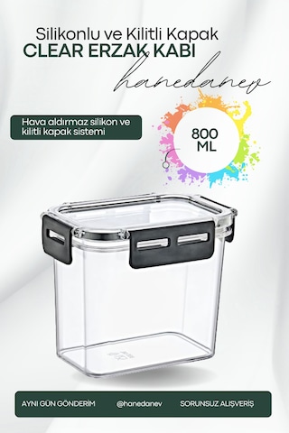 Clear Dikdörtgen Erzak Kabı - Silikonlu Ve Kilitli Kapaklı Saklama Kabı 800 Ml 14 X 11,5 Cm ŞEffaf