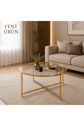 Sun Şeffaf Camlı Orta Sehpa Altın