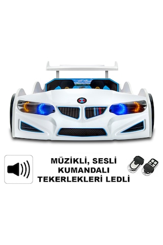 Gt1 - Bazalı Arabalı Yatak - Kumandalı, Sesli, + Elif Yatak 90x190 Cm - Beyaz Tek Kişilik