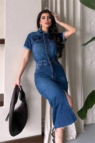Neşeli Butik Kadın Yırtmaçlı Cep Detaylı Kot Elbise Nbnp005 Mavi