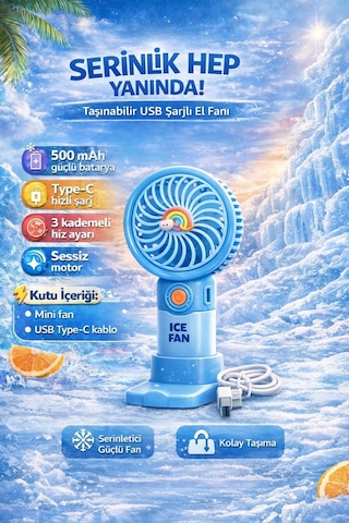 Fit Mavi Mini Taşınabilir Sessiz El Fanı 3 Hız Ayarlı Mini El Pervanesi Soğutucu-vantilatör