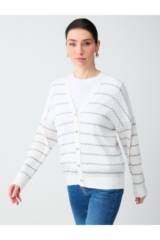 Jimmy Key Jimmy Key Kırık Beyaz Rahat Kesim V Yaka Çizgi Desenli Triko Hırka 6sw105673106