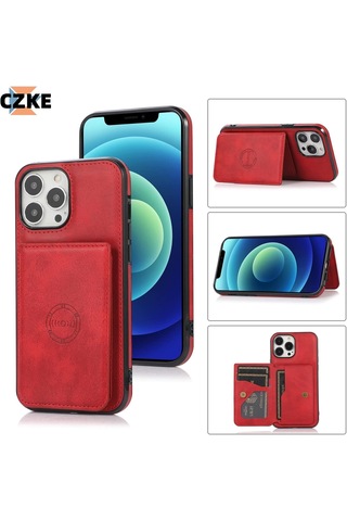 Iphone 13 Pro Max Uyumlu Kart Bölmeli Cüzdanlı Deri Kılıf Kırmızı