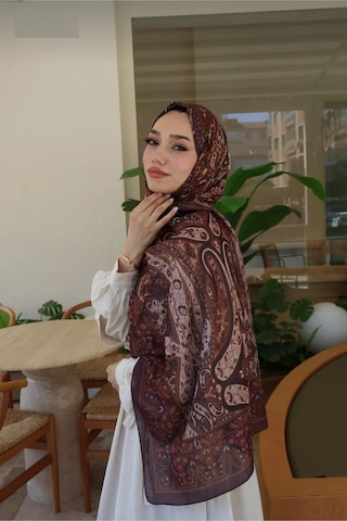 Premium Lux Original Etnik Desen Şal Vual İpek, 1. Sınıf, Hafif, Rahat, Şık, Tesettür Giyim Kahverengi