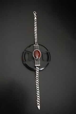 Encili Silver 925 Ayar Gümüş Yılan Desenli Kahverengi Taşlı Model Erkek Bileklik Gümüş