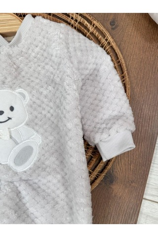 101 Dalmaçyalı Peluş Ayıcık Nakışlı Patikli Çıtçıtlı Kışlık Erkek Bebek Tulum Gri