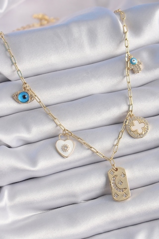 Gold Renk Zirkon Taşlı Çoklu Figür Model Şans Kolyesi - Ebj241012w28458 Bakır