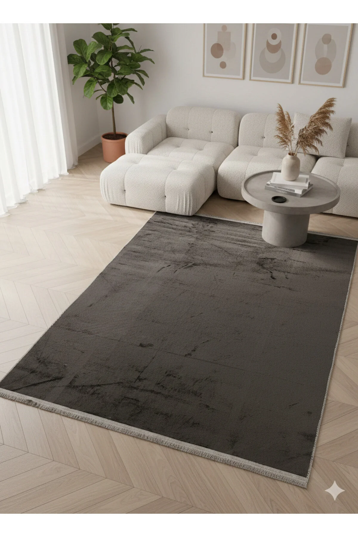 160x230 Antrasit Kaymaz Taban Peluş Yumuşak Dokulu Modern Salon Halısı Leke Tutmaz Polyester Antrasit