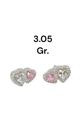 925 Ayar Gümüş Çift Kalpli Pembe Ve Beyaz Taşlı Çivi Küpe Zarif Ve Işıltılı Tasarım Gümüş