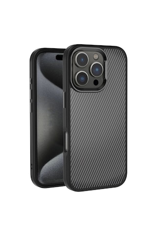 iPhone Uyumlu 16 Pro Max Kılıf Karbon Fiber Görünümlü Parlak Kamera Çerçeveli Redclick Venus Kapak - Siyah