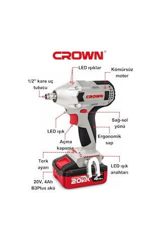 Crown CT22015HX-4 20V 4AH Değişken Torklu Akülü Somun Sıkma Makinesi