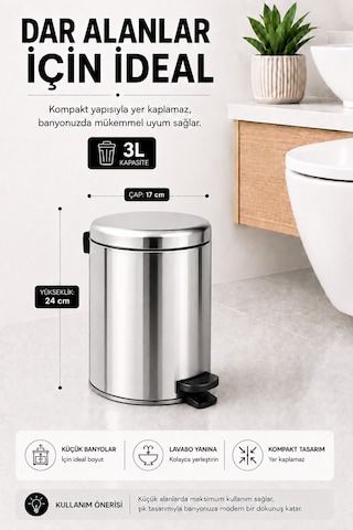 Sas Haus Pedallı Çöp Kovası 3 Litre İç Kovalı Kapaklı Banyo Çöp Kutusu Krom - Elit 7003
