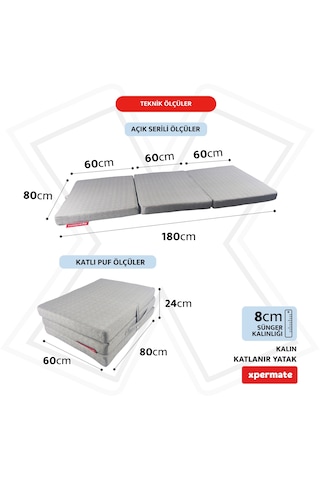 Xpermate Katlanır Yatak Yer Yatağı Misafir Yatağı 80x180x8 Gri