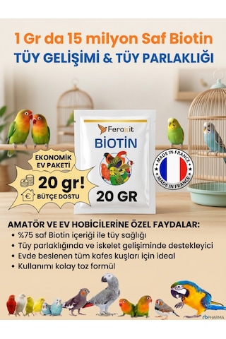 Biotin 20 Gr - Kafes Kuşları İçin Tüy Gelişimi Ve Parlaklığı Takviyesi, Saf Biotin Ev Tipi Ekonomik Paket
