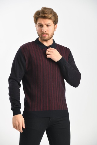 Çizgi Triko Erkek Polo Yaka Pamuklu Triko Kazak 4451F Lacivert