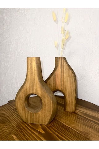 O&a Wood Doğal Ahşap Dekoratif Ikili Takım Biblo Vazo Koyu Meşe
