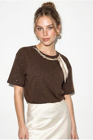 Kadın Yaldız Baskılı Zincir Ve Fular Detaylı Oversize T-shirt 2214 60286293 - Acı Kahve Acı Kahverengi