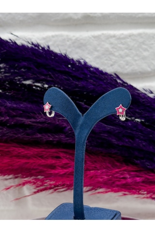 925 Ayar Gümüş Yıldızlı Pembe Mineli Zarif Kız Çocuk Küpesi Gümüş