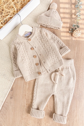 Babymod Bereli Triko Hırkalı Kışlık Erkek Bebek Takım Set Bej