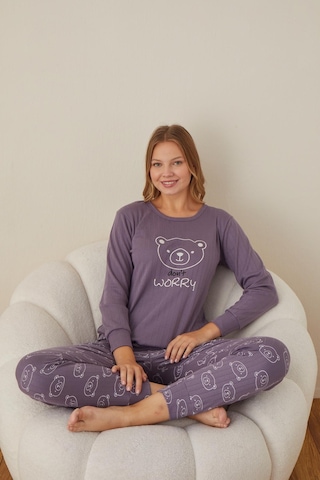 Boyraz Lindros Kadın Pamuk'lu Düğme Yaka Raporlu İnterlok Kışlık Pijama Takımı 05006 - 1 Adet Mor