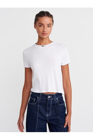 Dilvin 31795 Fiyonk Detaylı Kısa Kollu Kontrast T-shirt-beyaz Beyaz