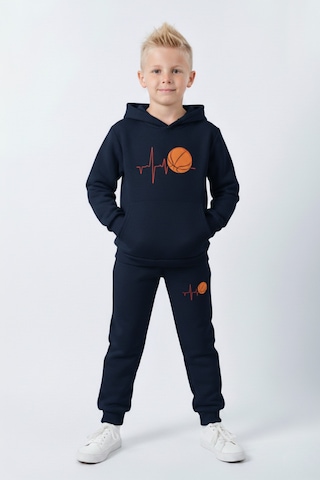 Fyk Kids 3 İplik Şardonlu Kışlık Nabız Basketbol Baskılı Kanguru Cepli Kapüşonlu Erkek Çocuk Eşofman Takımı Lacivert