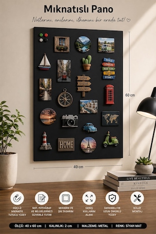 Yiğit Metal Mıknatıslı Pano Siyah Ofis/çalışma Odası İçin Mıknatıs Hediyeli Metal Magnet Hatıra Panosu 50x70cm 40 x 60 CM