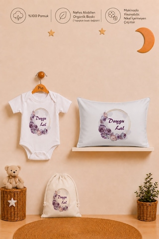 Pia Baby Kız Bebek İsme Özel Hediye Seti %100 Pamuk Body Yastık Kılıfı Ve Ham Bez Bebek Kıyafet Kesesi 2052bykyx Ekru