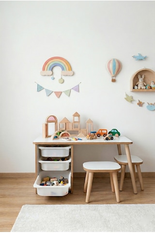 Çocuk Masa Sandalye Takımı 90x45 Cm 3 Sepetli Çocuk Çalışma Ve Aktivite Masası Yaz-sil,2 Tabureli Beyaz