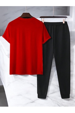 Uyguntarz Unisex Saksı Tasarım Basklı Tshirt Eşofman Takımı Kırmızı
