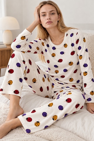Womanandkids Night Beyaz Kadın Desenli İkili Rahat Pijama Takımı 4829