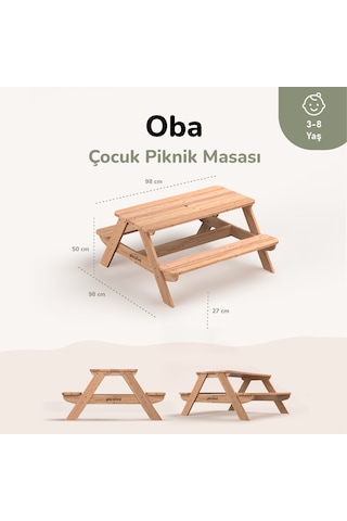 Ovlo Ahşap Çocuk Bahçe Masası Şemsiye Delikli 3-8 Yaş 4 Kişilik Oba Naturel