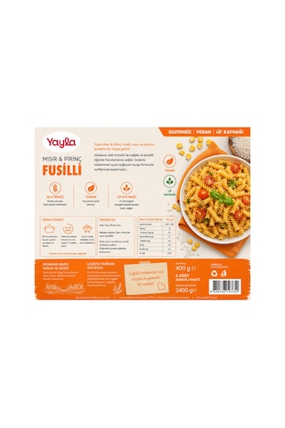 Yayla Glutensiz Vegan Fusilli Makarna 400 Gr X 6 Lı Avantaj Paketi Mısır & Pirinç