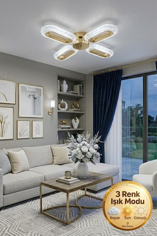 Lumia Lighting Aurea Model Gümüş Kumandalı 5"li Ledli 3 Renk Modu Kristal Salon Mutfak Yatak Çocuk Odası Avize Altın