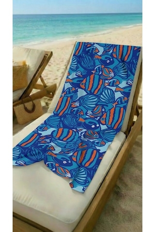 Büyük Balık Desenli Saks Mavi Yüksek Su Emici 70x150cm Plaj Havlusu Renkli
