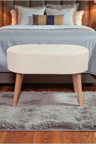 Ahşap Ayaklı Oval Puf Bench Geniş Oturum Alanlı Puf Sandalye - Krem - 60x40 Cm Krem