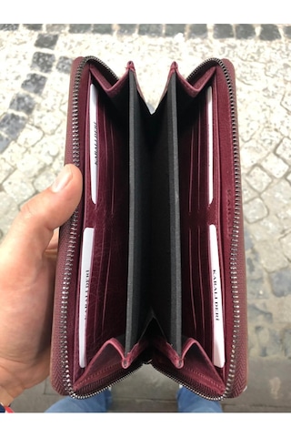 Karalı Deri Unisex Bordo Hakiki Deri Telefon Bölmeli Kartlıklı Cüzdan El Portföyü Bordo